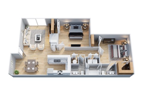 A top-down view of a modern apartment layout with a living room, kitchen, dining area, and bedrooms.
